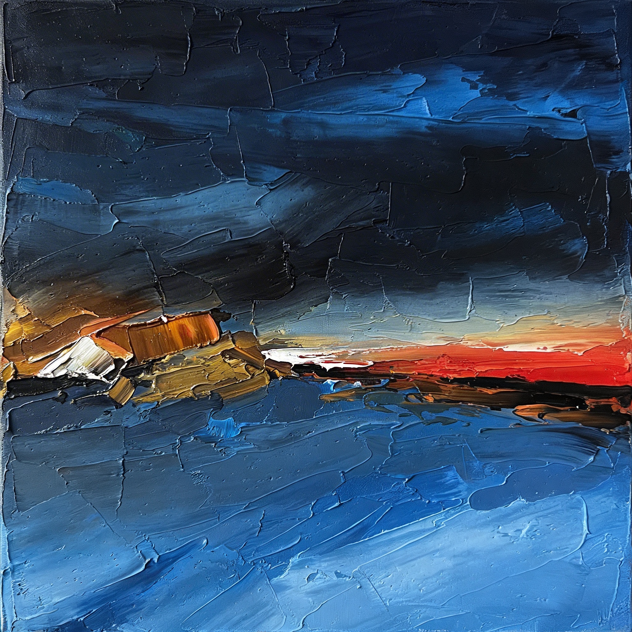 Dramatic stormy seascape in navy, gold and crimson — thick impasto brushstrokes