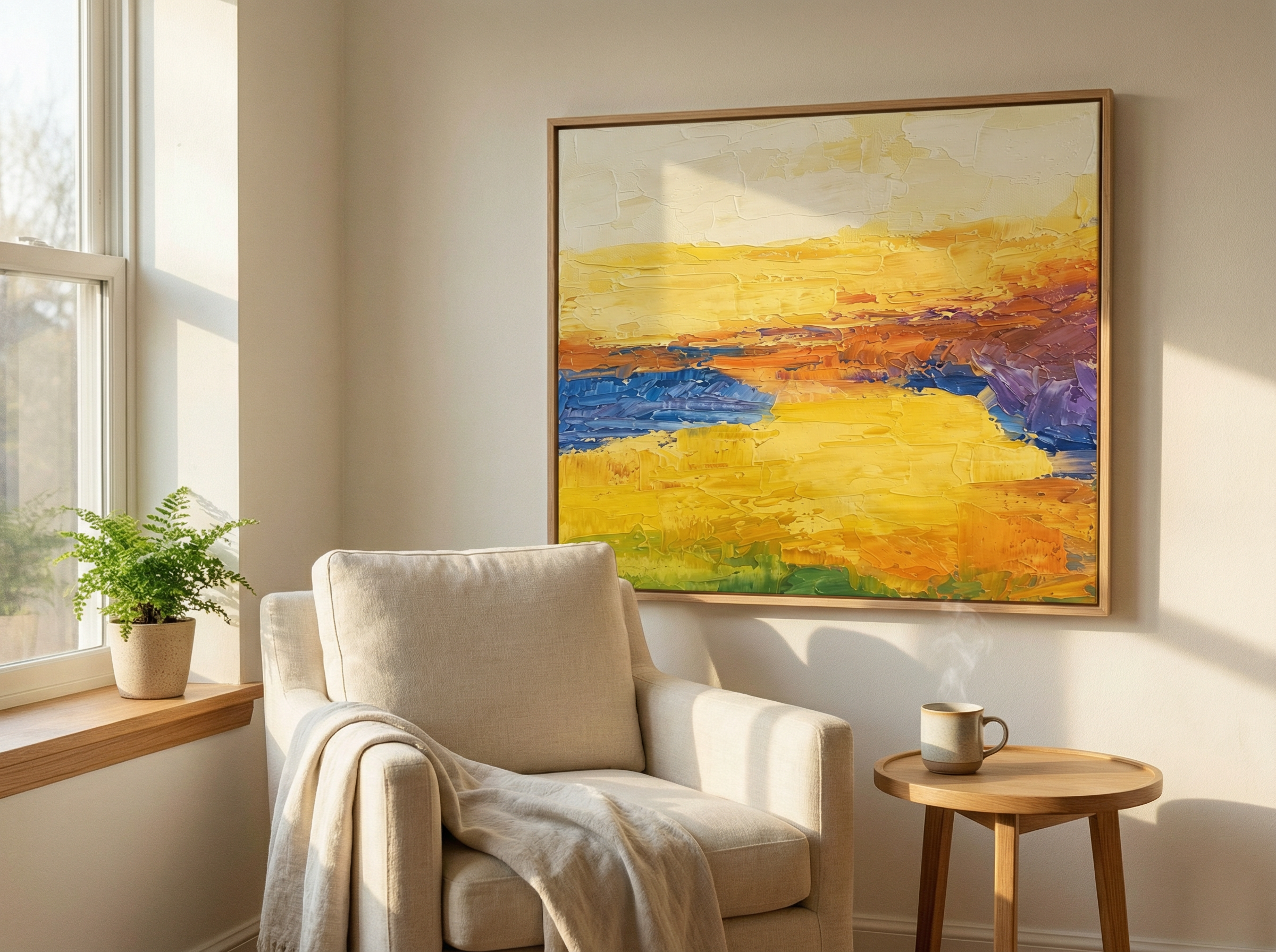 Abstract painting in a serene morning room with soft diffused light