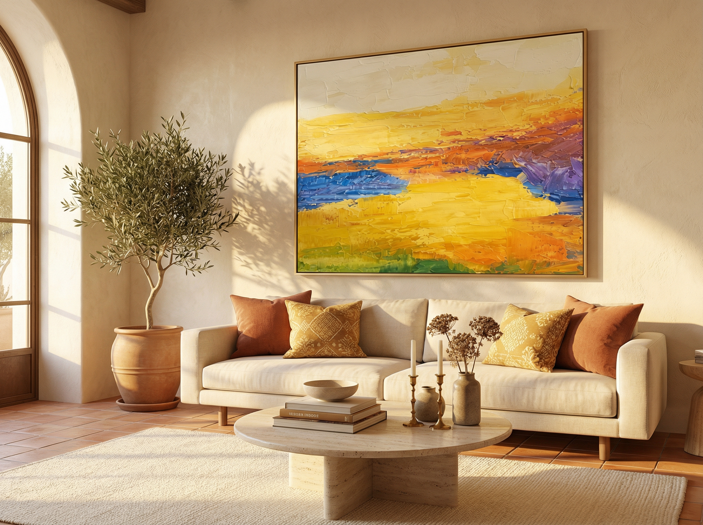 Golden hour abstract painting glowing above a linen sofa in evening light