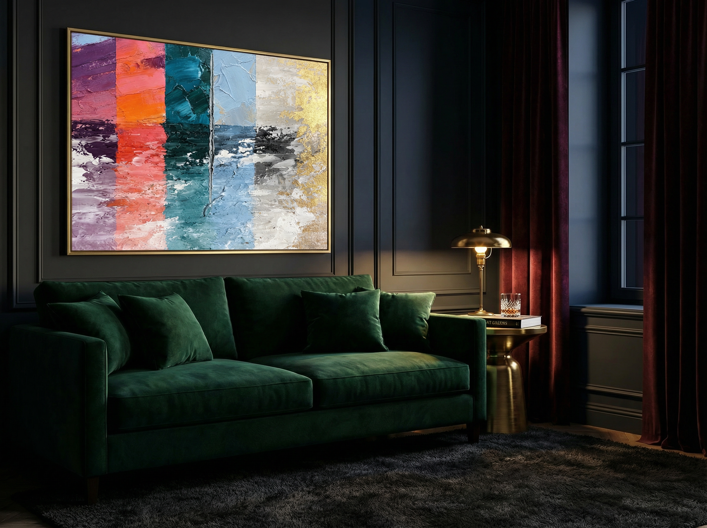 Night Bloom floral abstract painting in a moody dark-walled room with warm accent lighting