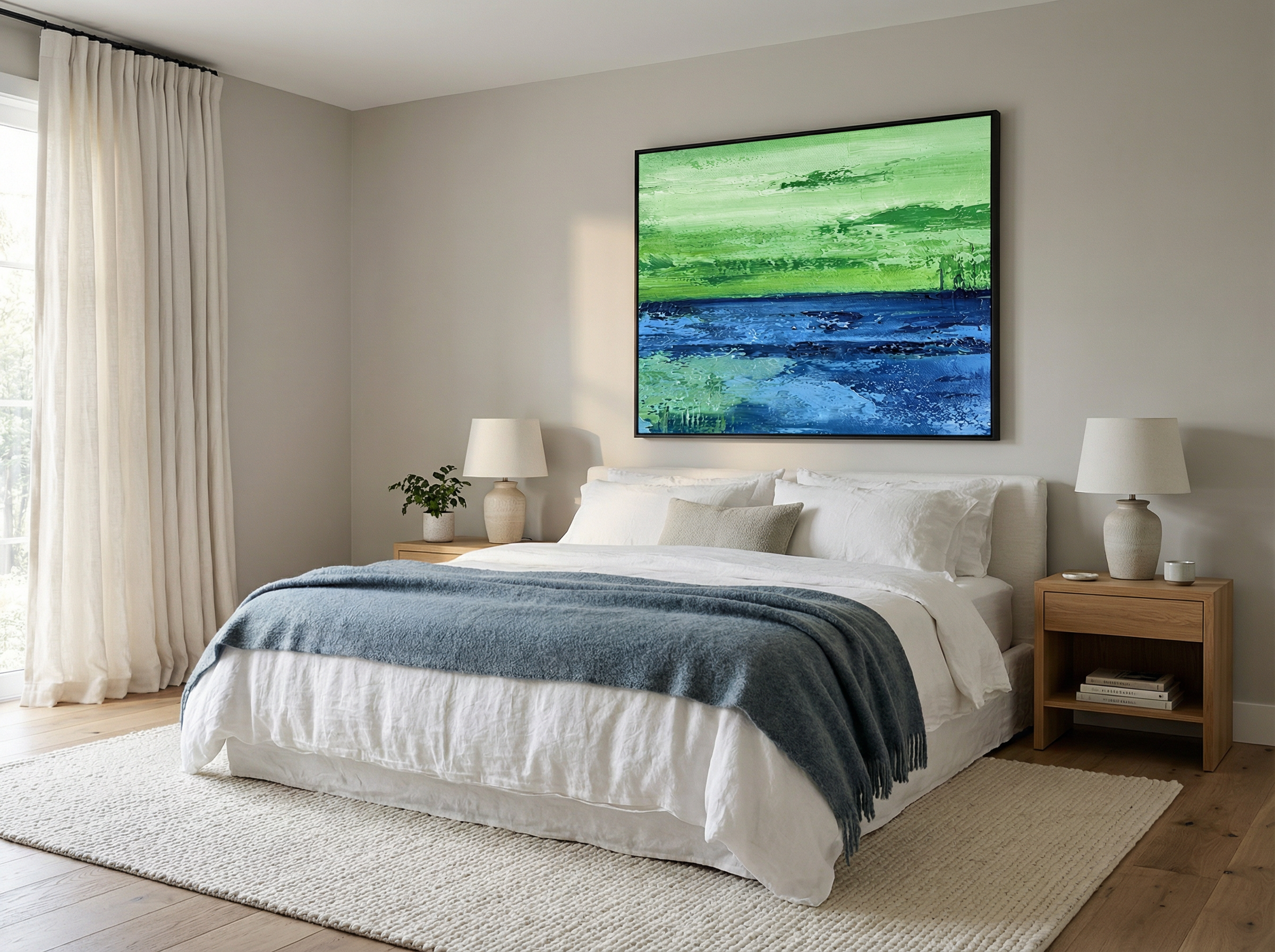 Pale turquoise abstract seascape painting in a serene bedroom with white linens and soft morning light through sheer curtains