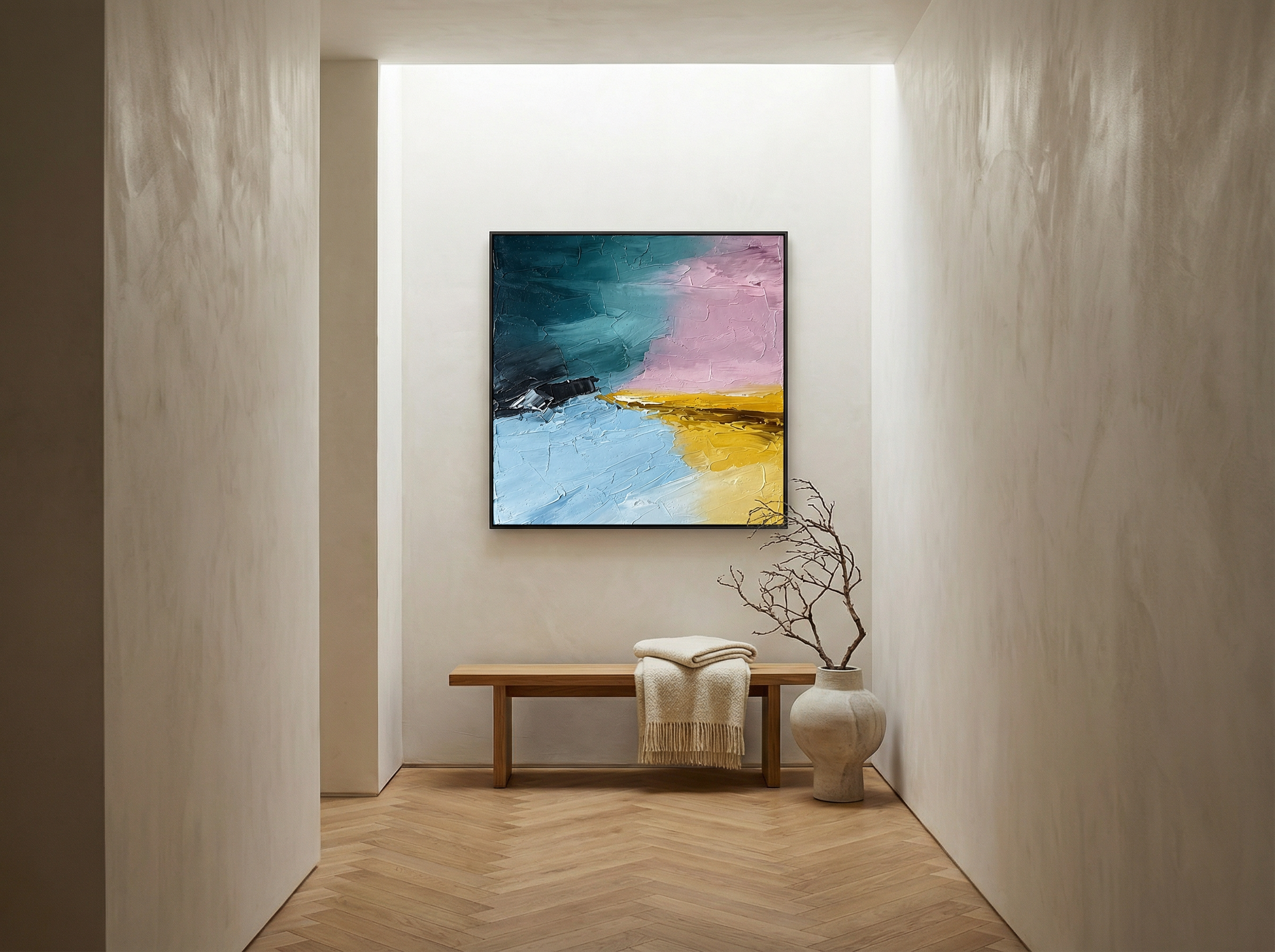Ocean abstract painting displayed in a sunlit hallway with warm wood flooring