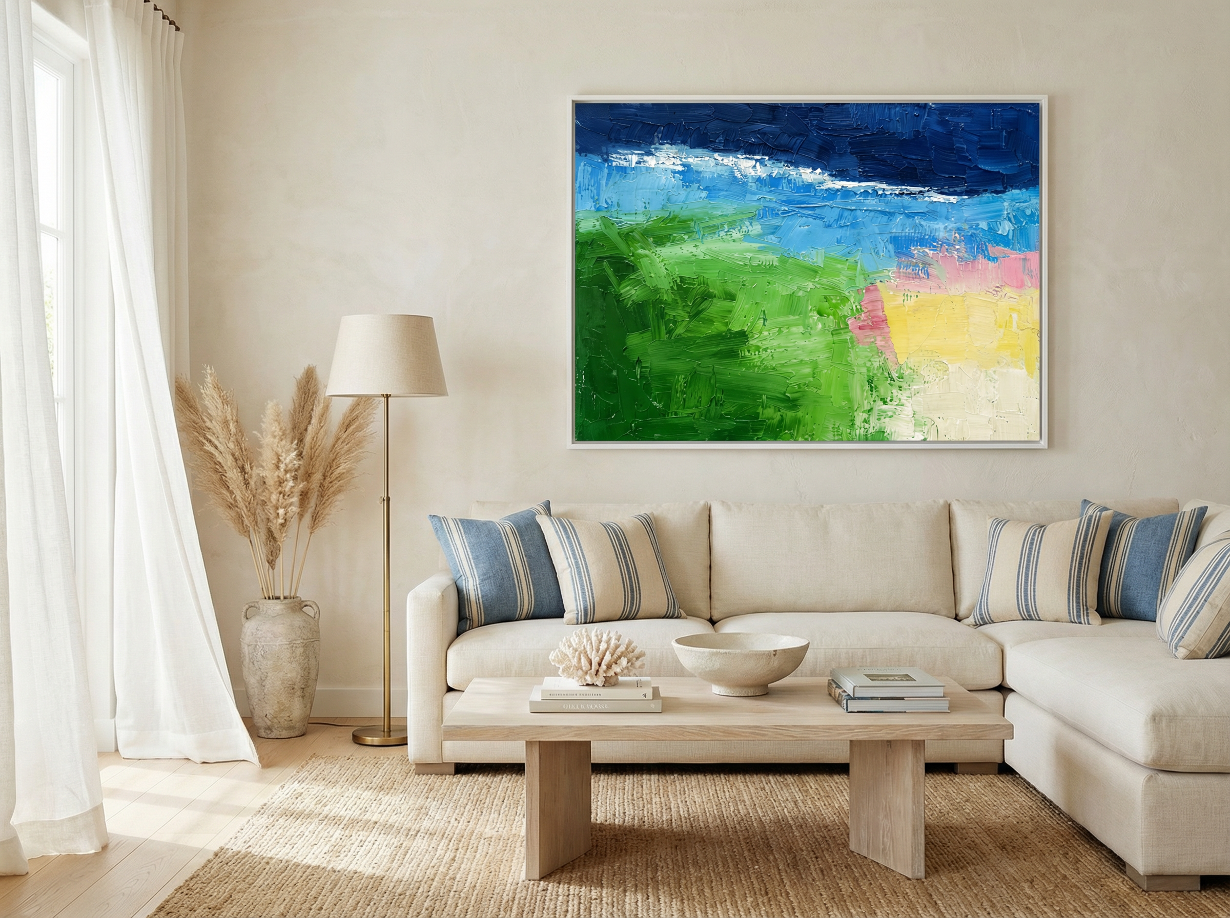 Abstract ocean painting displayed in a contemporary living room with natural light