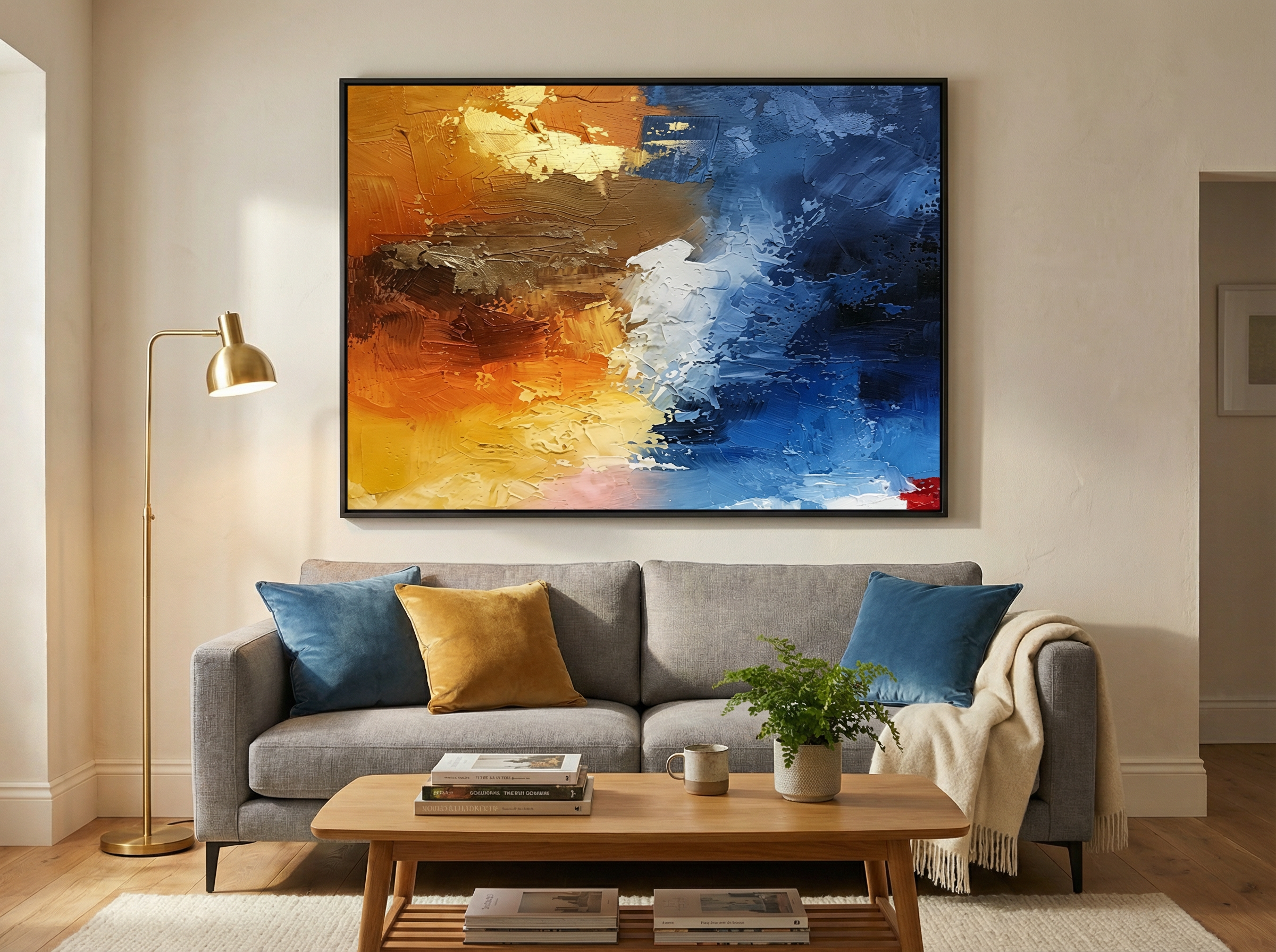 Tidal Meridian abstract painting displayed in an elegant room setting with warm ambient lighting