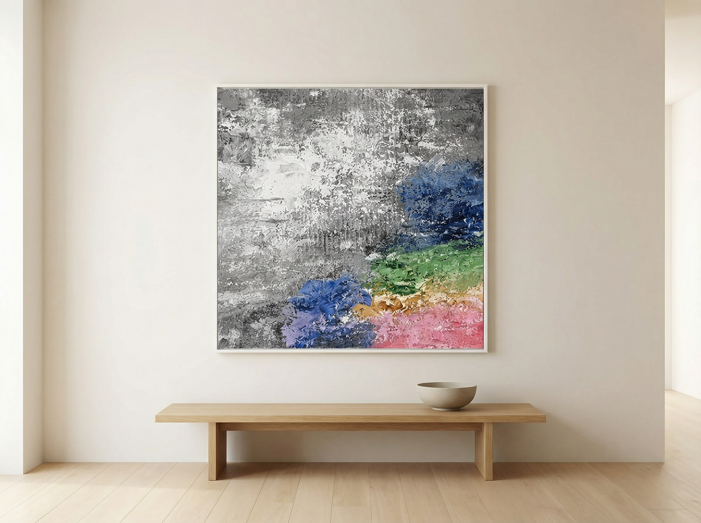 Quiet collection — muted neutral abstract painting in a minimal room with white walls and soft diffused light