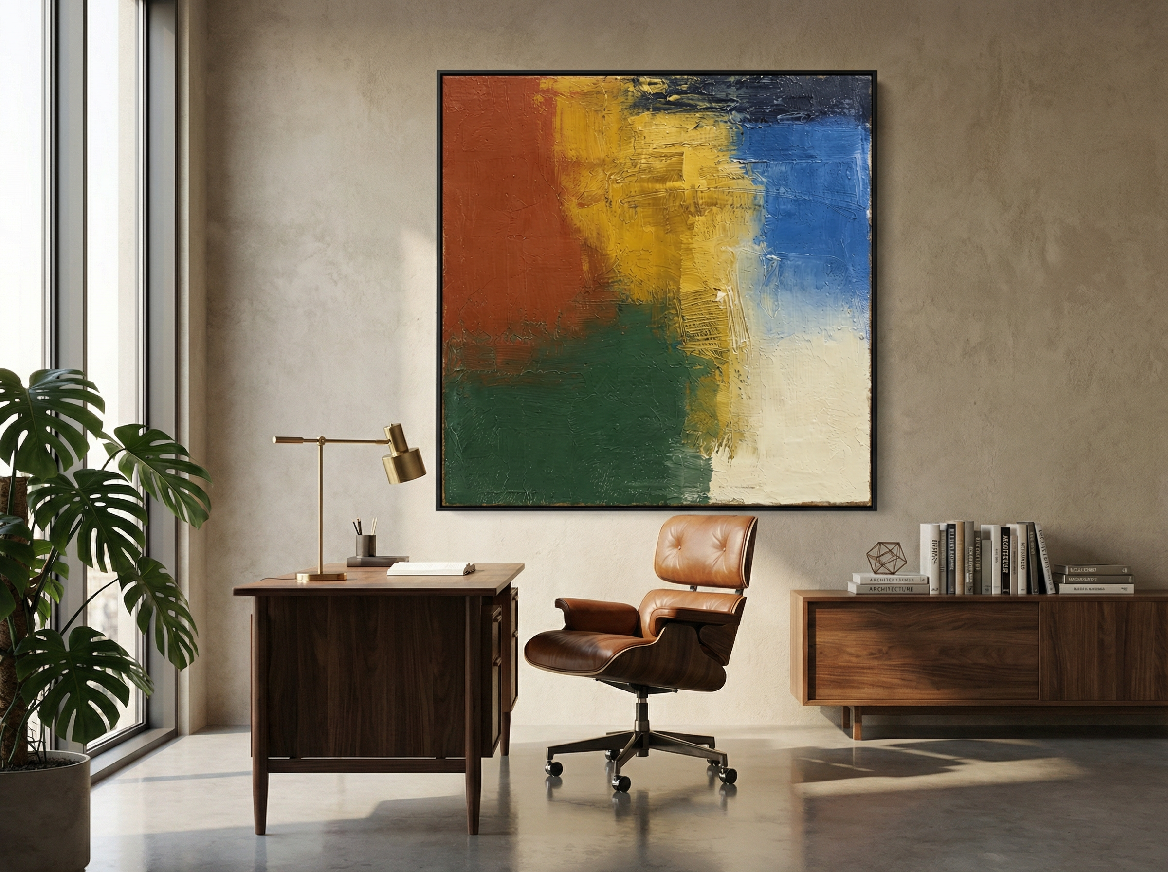 Geometric abstract painting in a modern office with clean desk and natural light