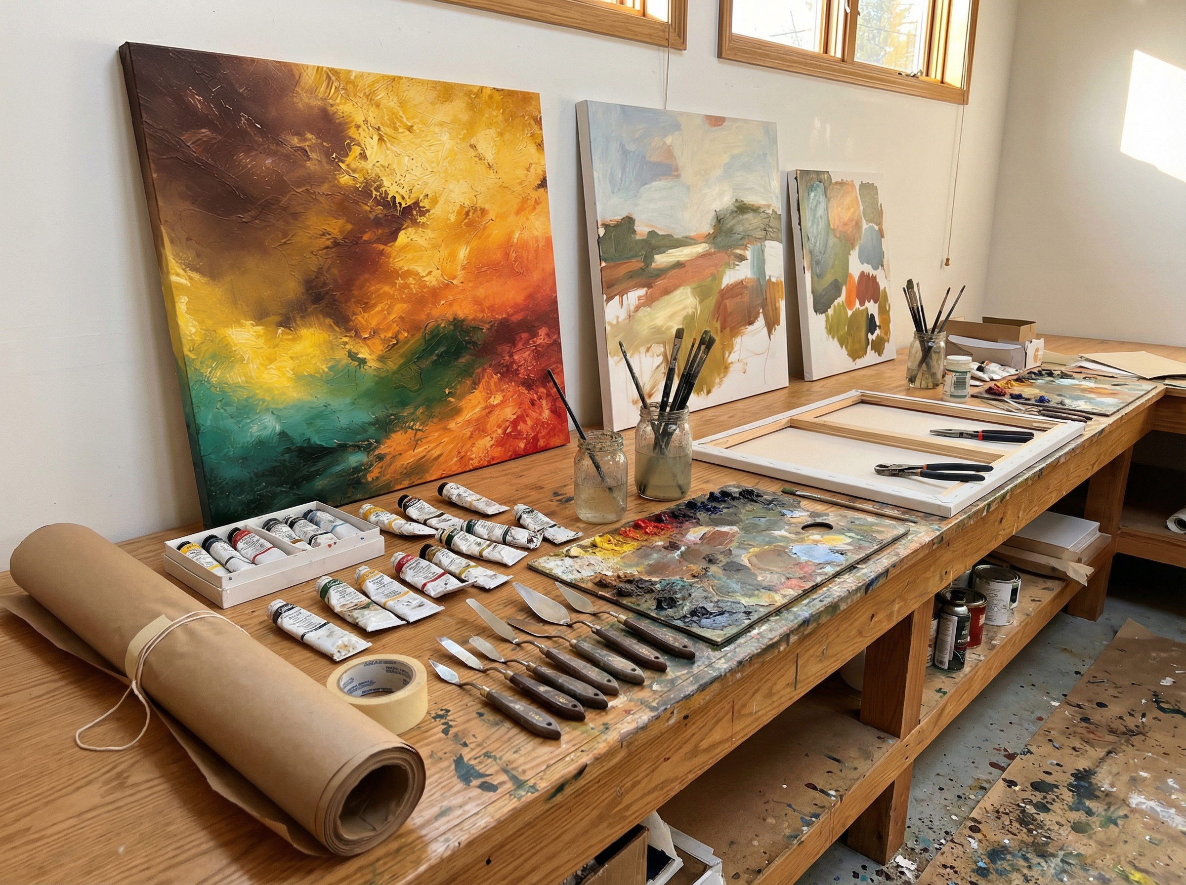 Artist studio workbench with paint tubes, brushes and canvas in progress