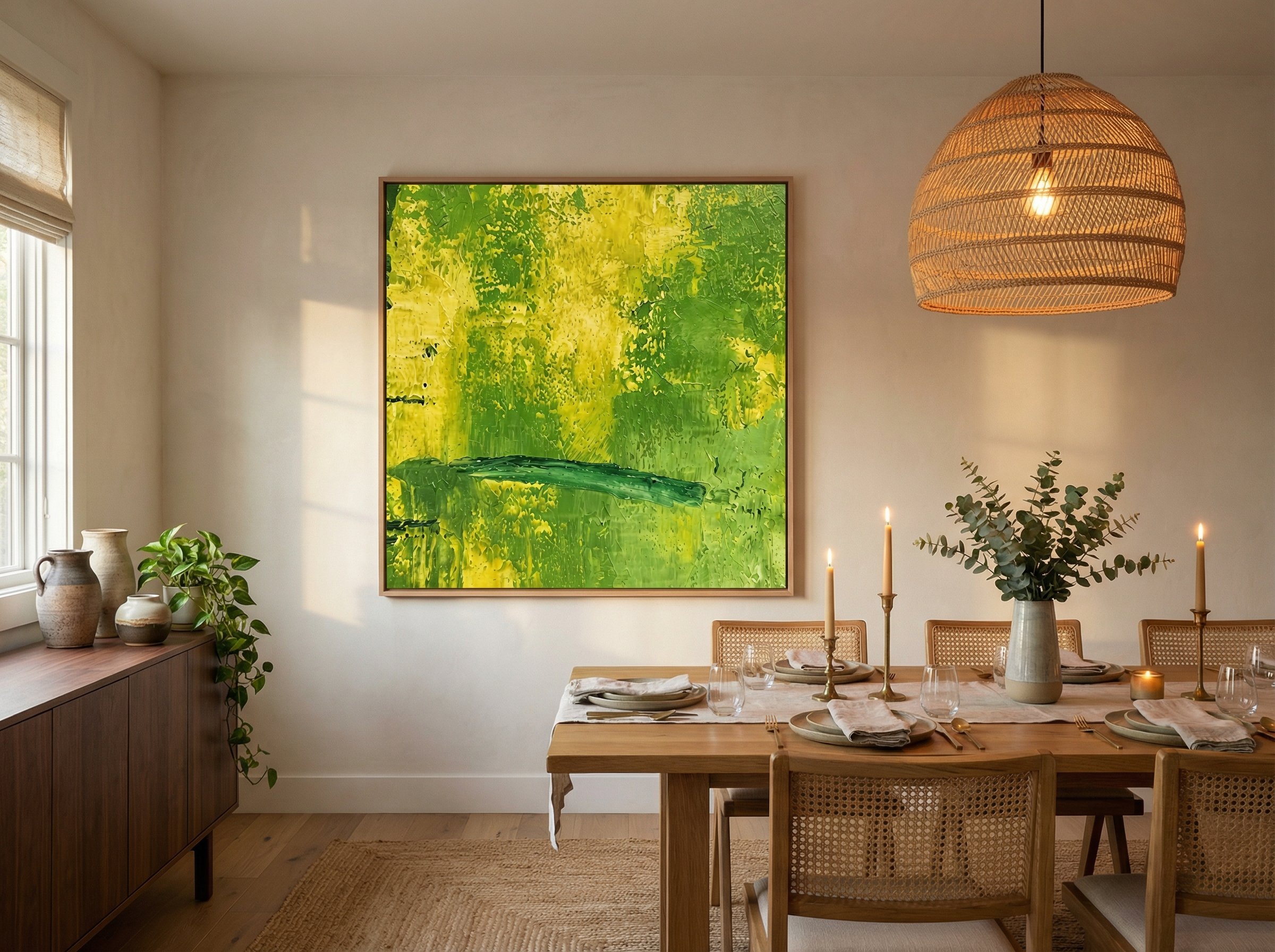 Earth-toned abstract painting in olive and ochre displayed in an elegant dining room with wooden table and warm overhead lighting