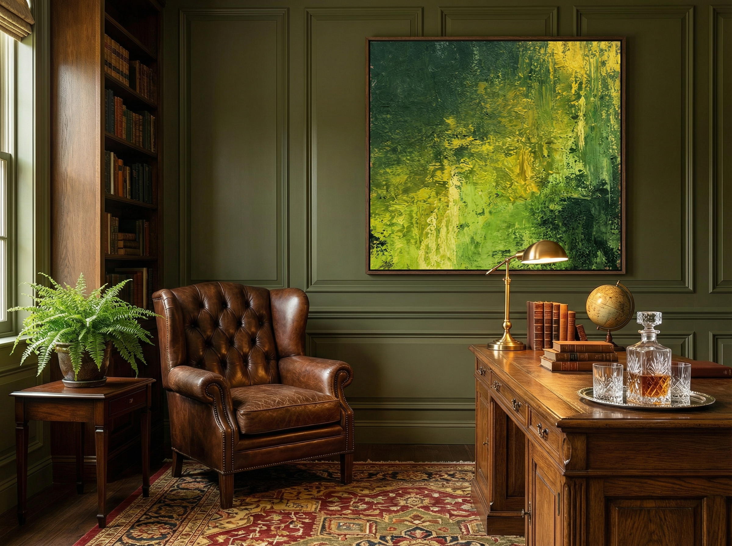 Botanical abstract painting in a warm study with bookshelves and desk lamp