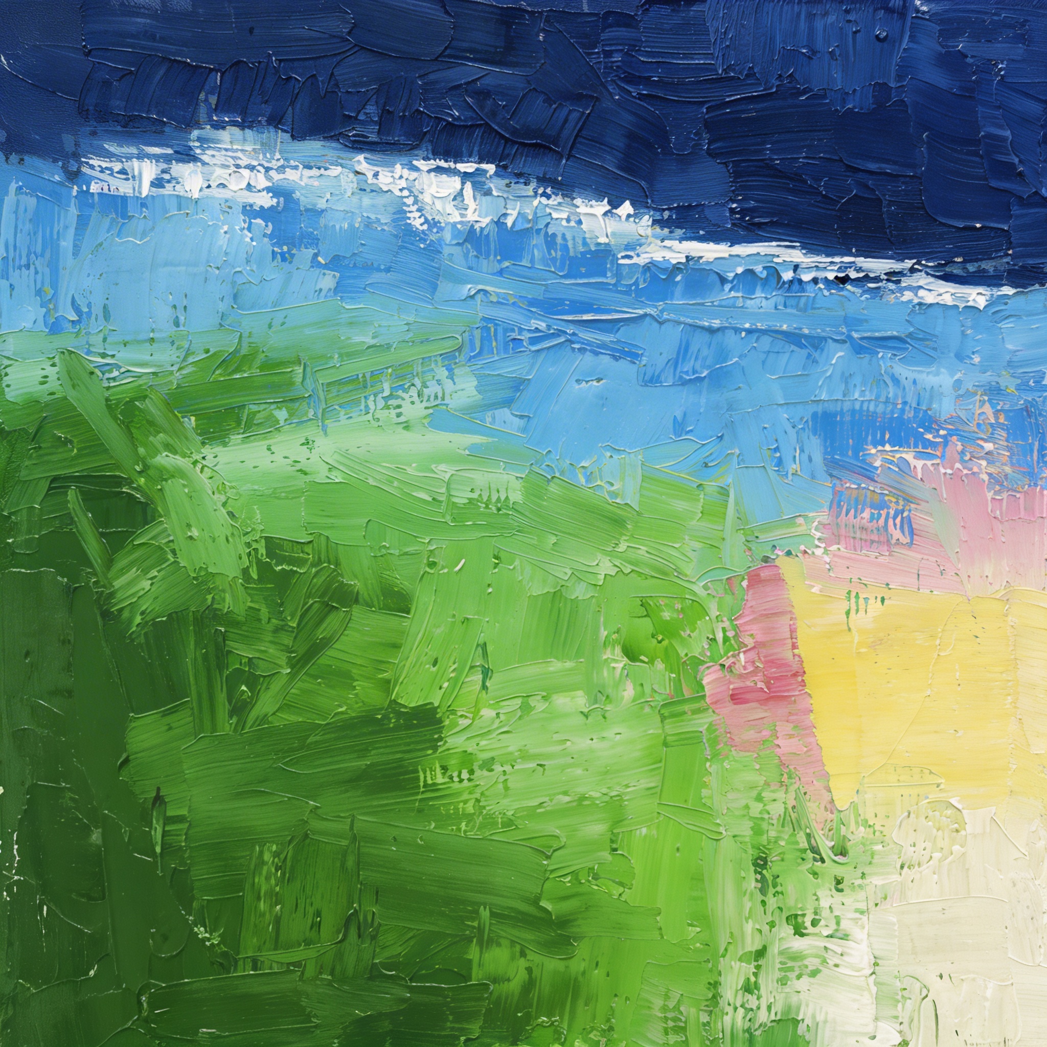 Deep navy and viridian abstract ocean painting with thick impasto ridges, shown above a linen sofa in warm evening light