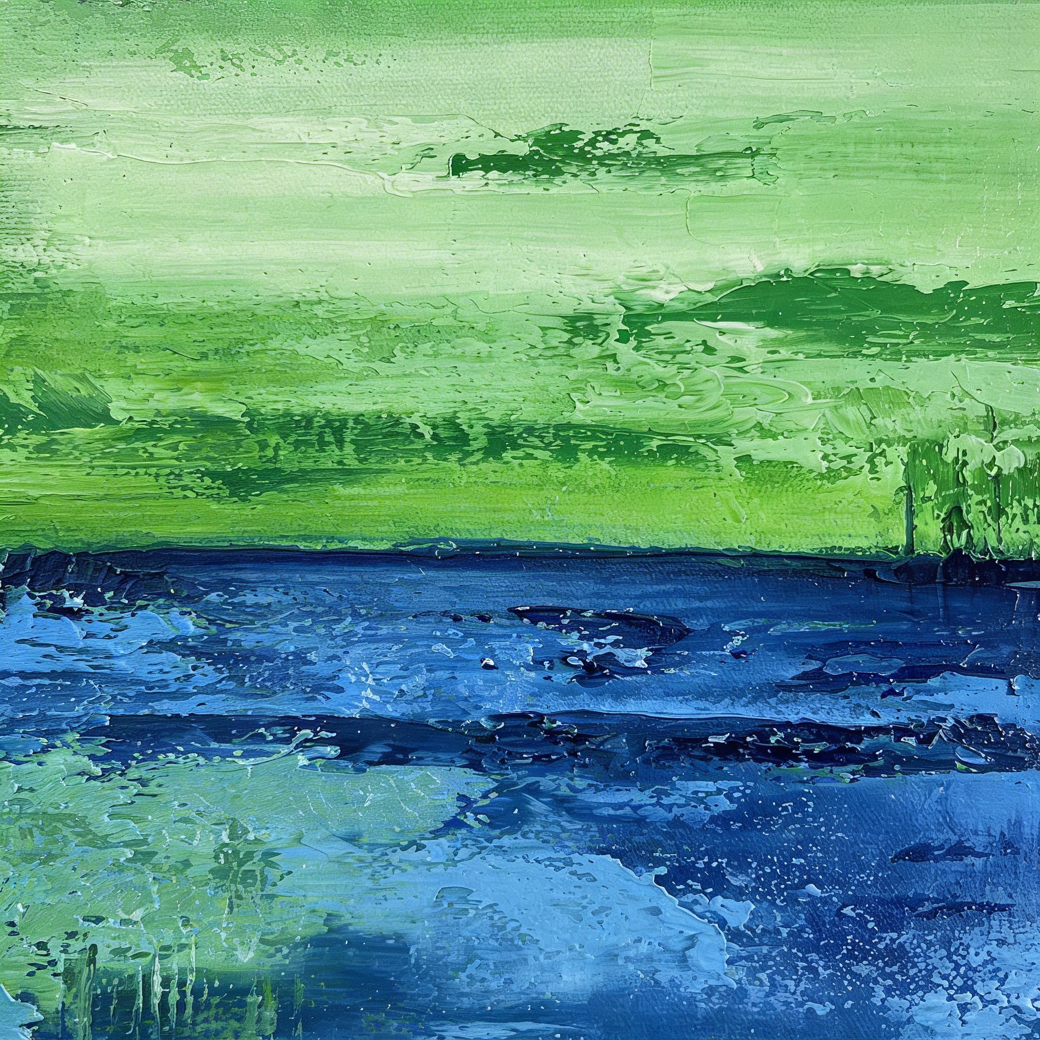 Pale turquoise and white abstract seascape with soft horizontal brushstrokes, hung in a bright bedroom beside a window