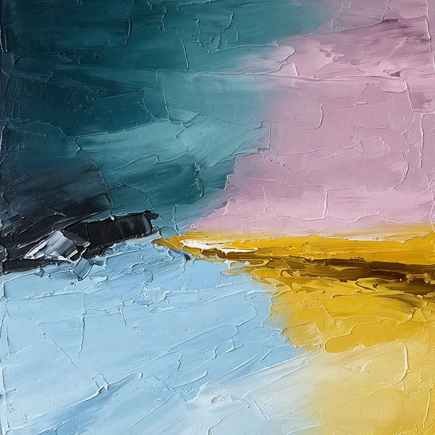 Dark teal and gold abstract painting suggesting churning water, displayed in a hallway with warm directional light