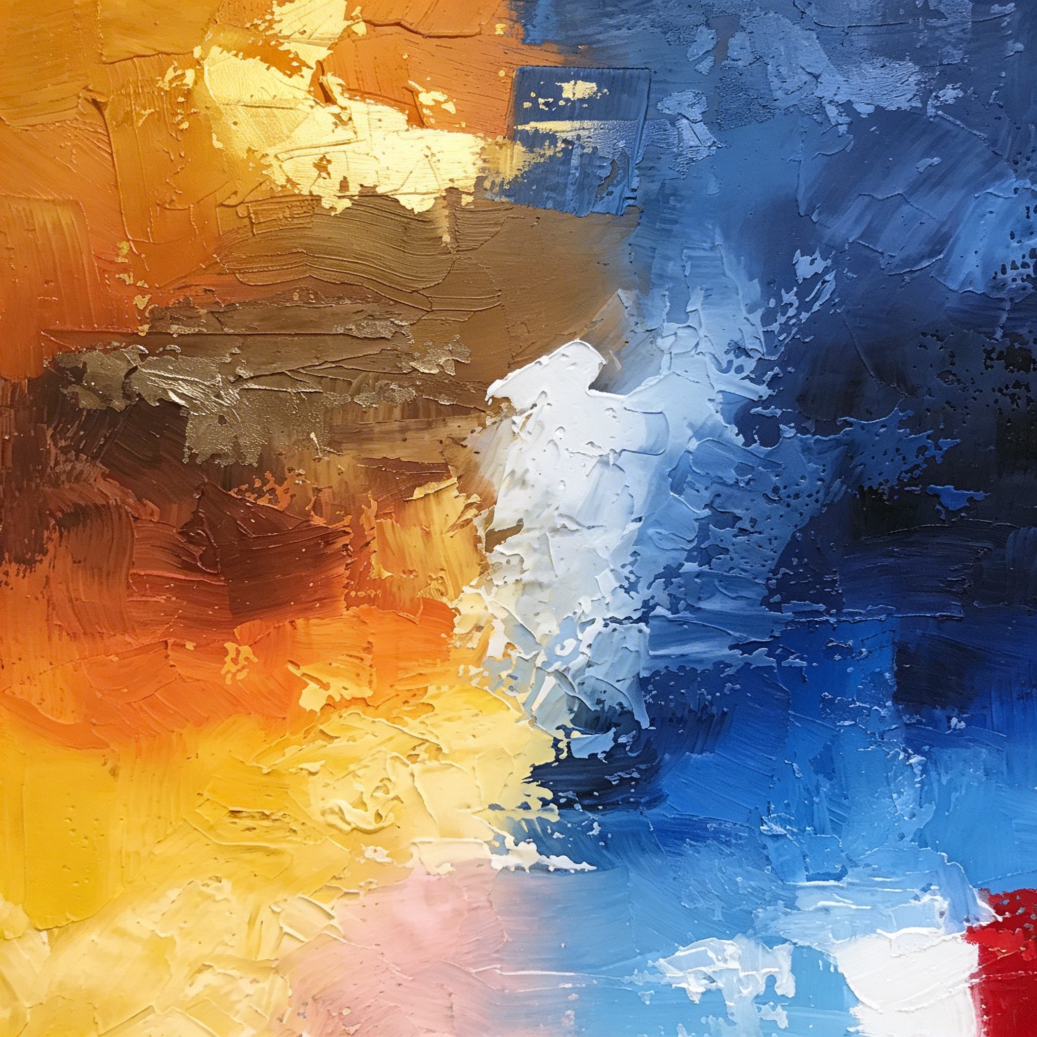 Tidal Meridian — gold and blue dramatic abstract painting being framed