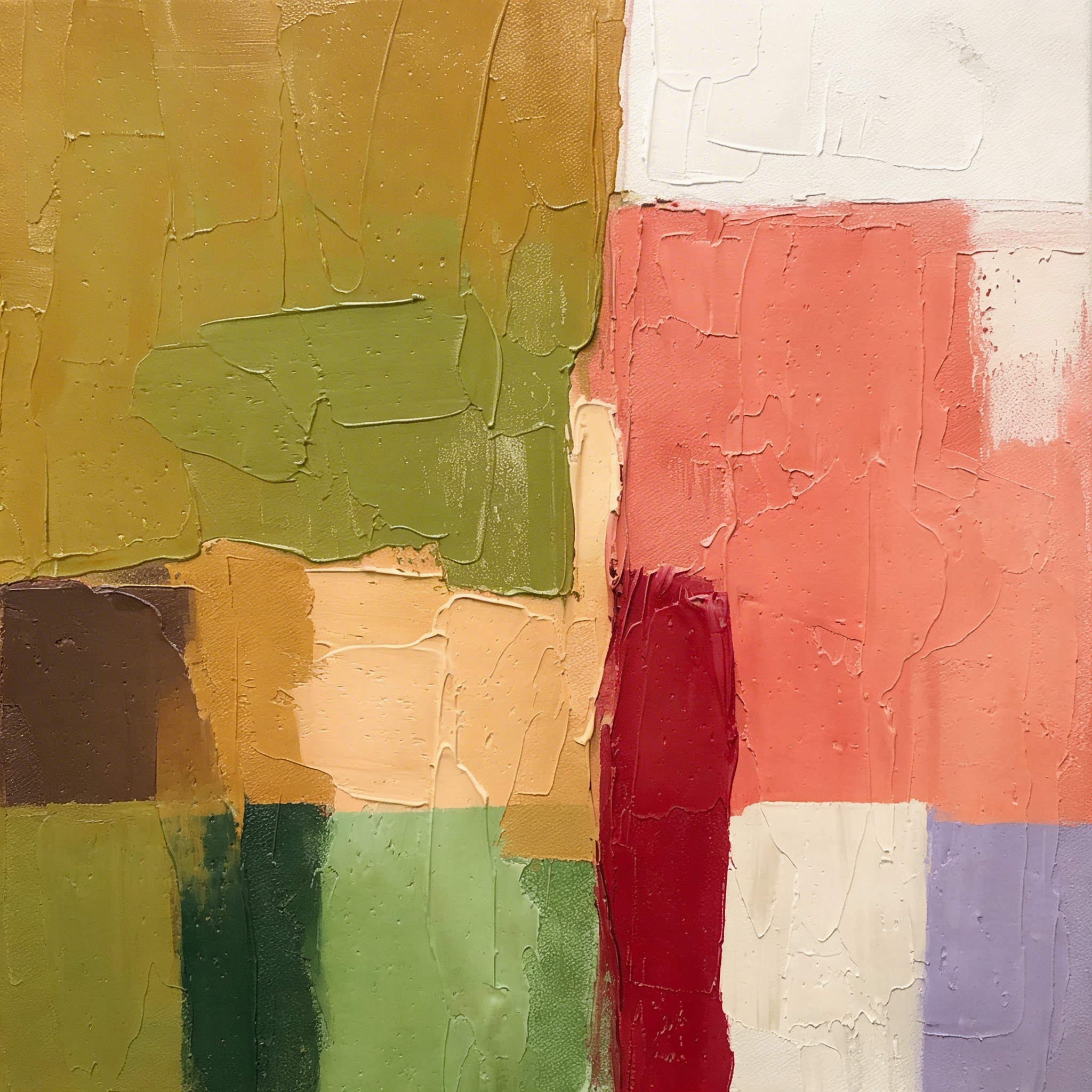 A bright studio workspace with canvases leaning against the wall in size order, paint-stained workbench, jars of brushes, and natural light from a high window