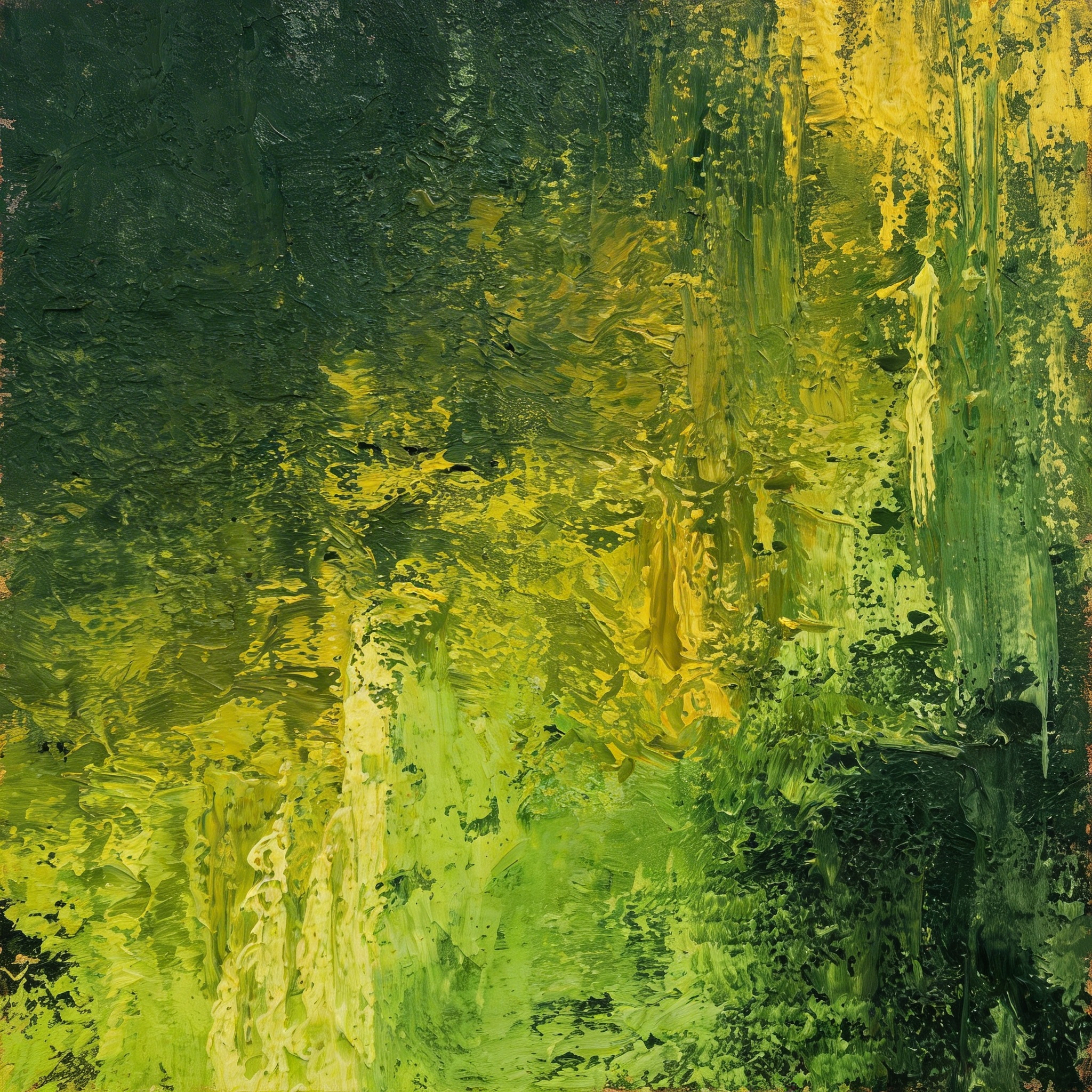 Warm green and amber abstract botanical painting with soft, organic brushwork, hung above a wooden dining table in morning light