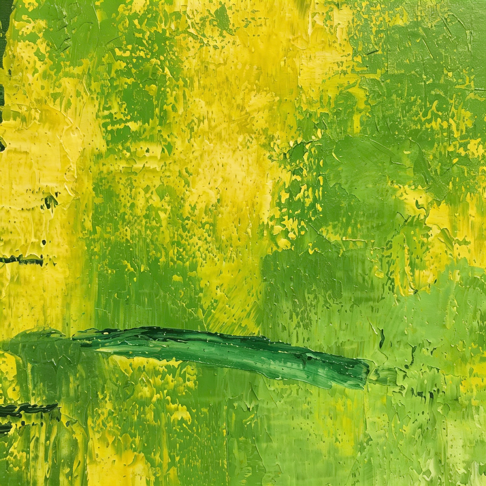 Earth-toned abstract painting in olive, ochre and charcoal, displayed on a hallway wall beside a potted plant